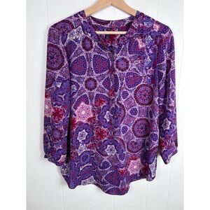 NYDJ Purple Pink Geometric Boho Henley Tunic Popover Blouse‎ Women's Small